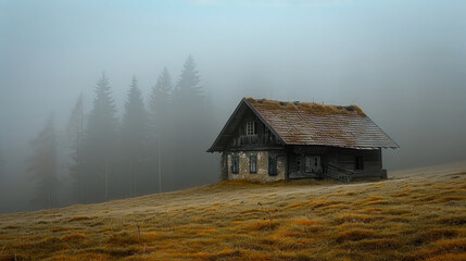 Wall Mural - Solitude in the Fog: A House in the Wilderness