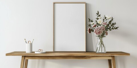 Wall Mural - Mock up frame in home interior background, white room with natural wooden furniture, 3d render, 3d illustration 