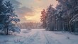 As the evening falls, envision a breathtaking winter panorama featuring pine trees blanketed with snow. The frosty landscape sparkles under the soft glow of twilight