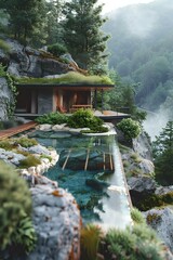 Wall Mural - Mountain house with cliffside swimming pool, AI-generated.