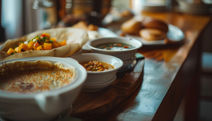 Wall Mural - dosa sambar and chutney, on a table,Indian, Kerala, morning, close up