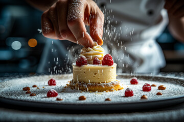 Wall Mural - AI generated illustration of a chef gives the final touch to a special sweet delicacy