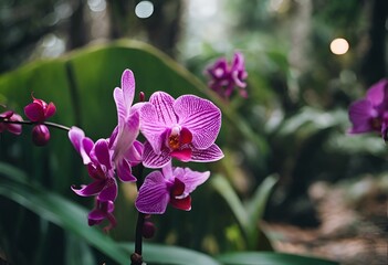 Poster - AI generated illustration of pink flowers with green foliage and soft light in the background