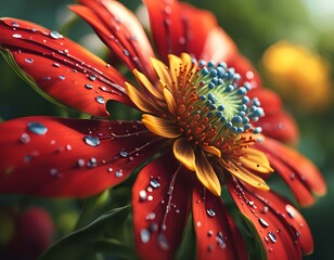 Poster - AI generated illustration of a close-up of a vibrant red flower with dew drops