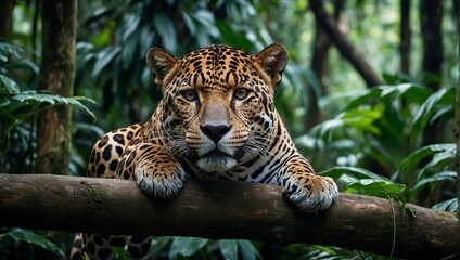 Sticker - a leopard laying on a branch in the woods with plants and greenery