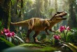 a t - rex walking through the woods with flowers in front