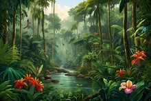 A Jungle Scene With A River Surrounded By Lush Green Vegetation