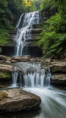 Wall Mural - a small waterfall surrounded by large rocks in the forest with trees
