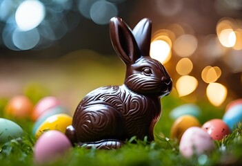 Wall Mural - the chocolate bunny sits among many brightly colored easter eggs on the ground