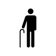 Priority access for elderly people icon. Vector illustration of symbol isolated on white background. Standing elderly man with cane. Priority access indicator.