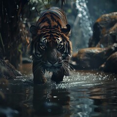 Wall Mural - a tiger walking through water next to some rocks and trees