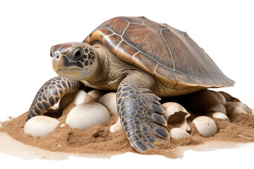Brown sea turtle laying eggs.Isolated on transparent background.