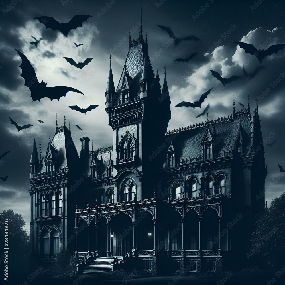 AI-generated illustration of A castle at night with bats flying around ...
