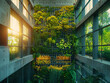 Vertical gardens, green walls, concrete structures adorned with lush vegetation