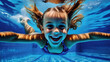 Cute happy caucasian girl child dive underwater and have Fun of swimming. Portrait little kid swimmer in the Swimming Pool. Summer kids activity, water sports