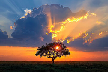 Wall Mural - the sun is shining behind a tree and clouds at sunset