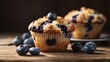 {A photorealistic image of a freshly baked blueberry muffin placed on a rustic wooden table. The muffin should be detailed, showcasing the texture of the golden-brown crust and the bursting blueberrie