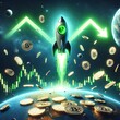 Digital illustration of a rocket launching surrounded by cryptocurrency coins, symbolizing economic growth.