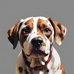 Poster - brown and white dog with dark spots on head standing on gray background