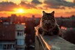 AI generated illustration of an orange cat lounging on a balcony at sunset