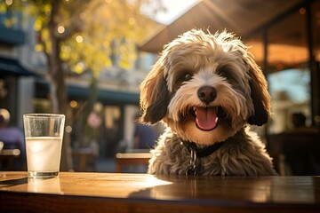 Wall Mural - AI generated illustration of a dog sitting in front of a table