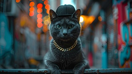 Poster - AI-generated illustration of A black cat in a hat sitting against a graffiti-covered cityscape