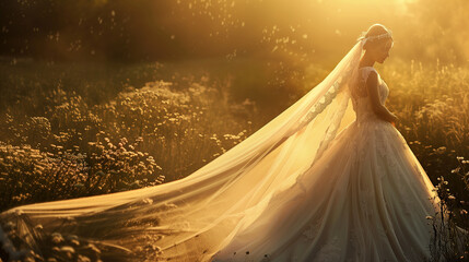 Wall Mural - Bride in a vintage secondhand wedding dress with white lace on the meadow