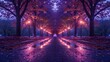 symmetrical composition of the path, with the purple trees 
