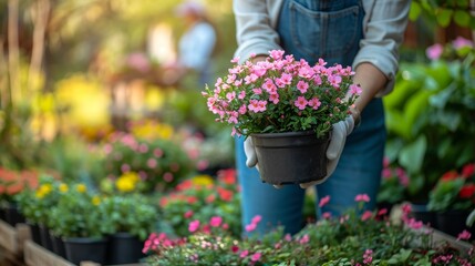 Canvas Print - a person carrying a plant in a pot next to other potted plants