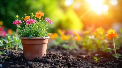 Canvas Print - a pot with purple and yellow flowers sitting in the dirt