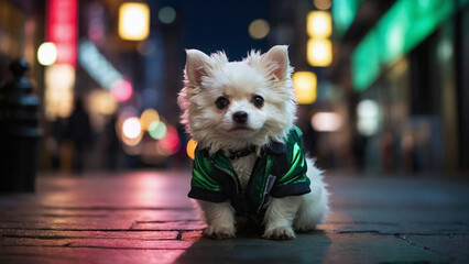 Poster - a small dog in a green and black jacket sits on the sidewalk