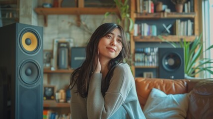 Asian Woman enjoying music with modern audio speaker system in living room