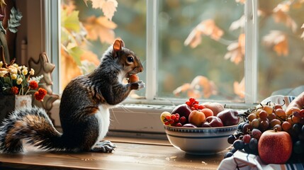 Canvas Print - AI generated illustration of a Squirrel perched on a windowsill beside fruit