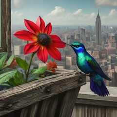 Wall Mural - AI generated illustration of a colorful bird perched on a ledge with vibrant flower in focus