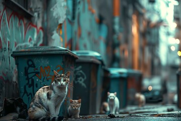 Canvas Print - AI generated illustration of cats lounging on the pavement in front of urban buildings