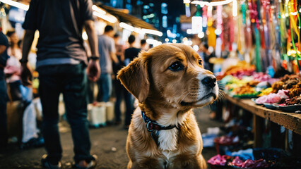 Poster - a dog is sitting on the ground in a market area