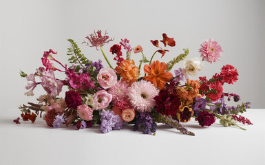 a vibrant floral arrangement is displayed featuring a diverse mix of flowers in shades of pink, red,