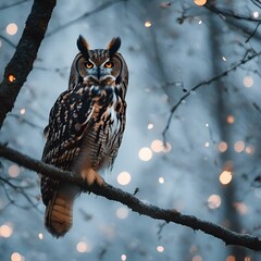 Sticker - a big owl sitting in a tree while lights are around him