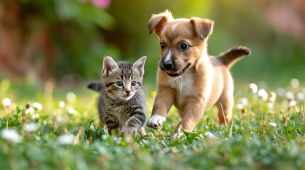 Wall Mural - a cat and dog are playing together in the grass together