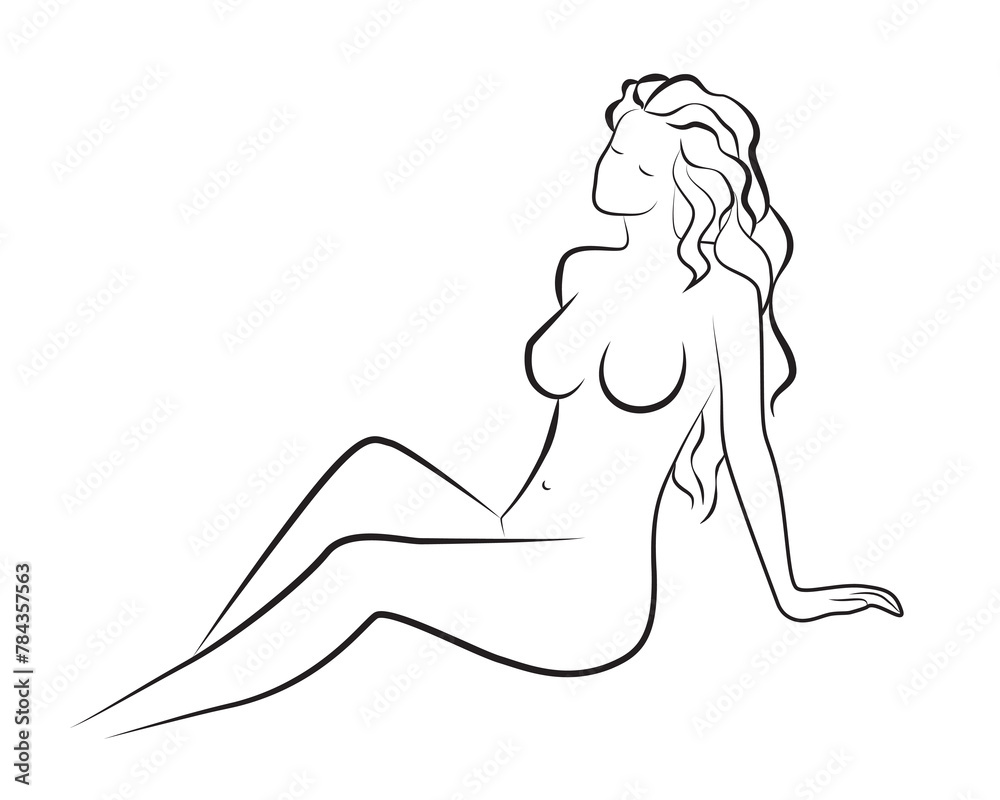 Silhouette of sitting beautiful nude woman, natural beauty line sketch