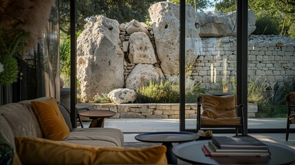 Wall Mural - AI generated illustration of a living room leading to outdoor area with large rocks in view