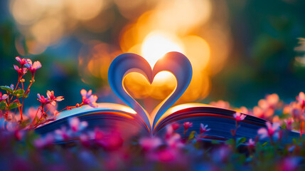 paper pages of the book forming the shape of the heart, symbolizing the love for reading, education 