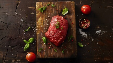 Wall Mural - Fresh and Juicy Raw Beef Steak on dark wooden table background, Top View for an Up-Close Look