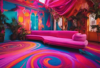 AI generated illustration of an unconventional living room with pink and blue decor