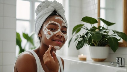 Wall Mural - Happy young beautiful African American woman taking care of her facial skin.