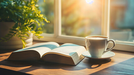 open book placed on the table next to the cup or mug of coffee or tea, morning sunlight rays coming 