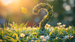 Question mark made of grass on a sunny nature meadow. FAQ information concept, ask or answer. Confusion in communication, search for the solution to a problem, think interrogation, copy space