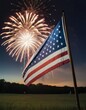 An American flag waves in the foreground with celebratory fireworks illuminating the twilight sky, embodying patriotic spirit.