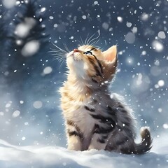 Poster - AI generated illustration of a cute kitten in the snow, gazing at falling snowflakes