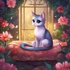 Canvas Print - AI generated illustration of a cat lounging on a cushion beside vibrant flowers